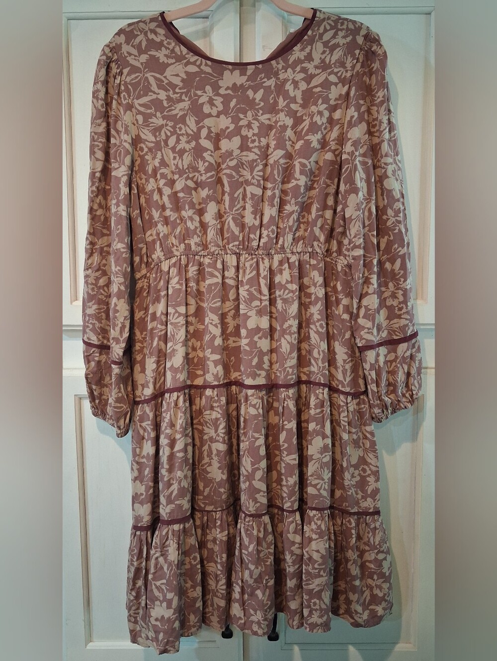 Böhme Arabella Floral Midi Dress, mauve-pink floral print, tiered skirt, size M